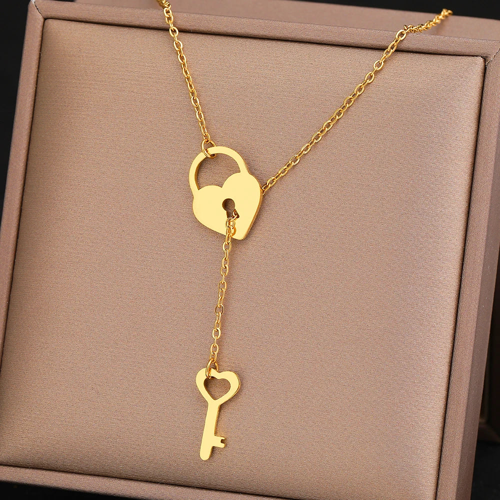 Stainless Steel Necklaces Heart Lock Key Pendants