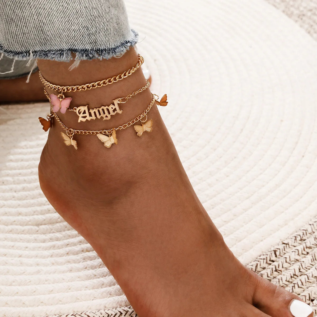 Bold Bohemia Gold Color Snake Ankle Bracelet Set with a Butterfly Key Lock Charm Anklet Chain