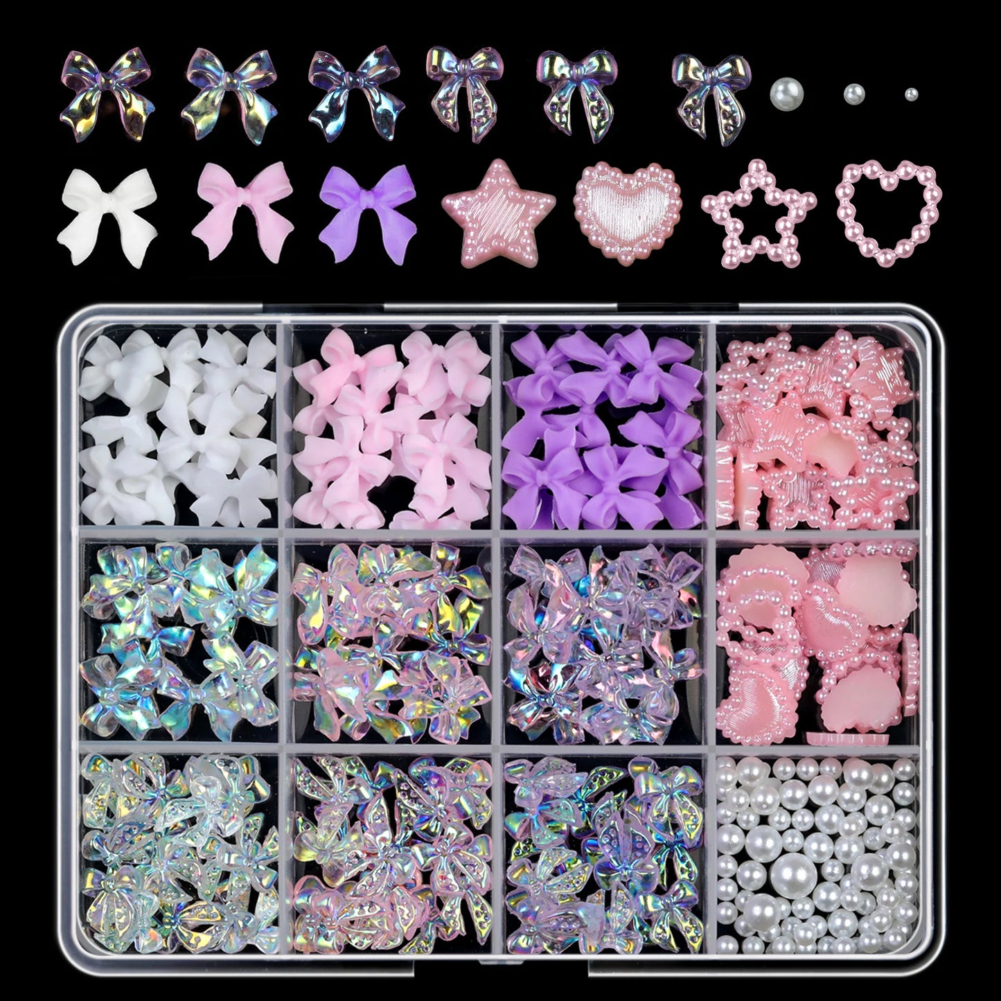 12Grids/box Mixed Resin Bowknot Nail Art Decorations/ 3D Acrylic Charms DIY Manicure