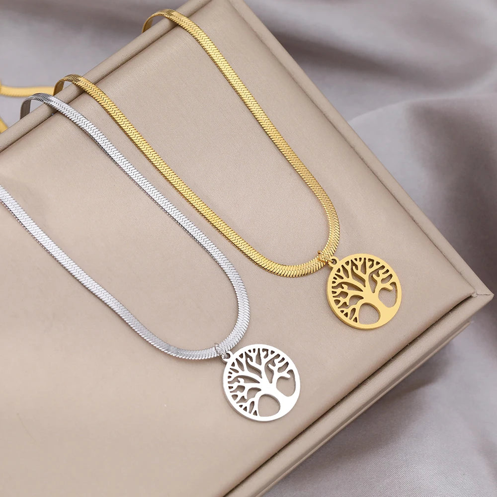 Unique Tree of Life Pendant with a Snake Herringbone Blade Chain