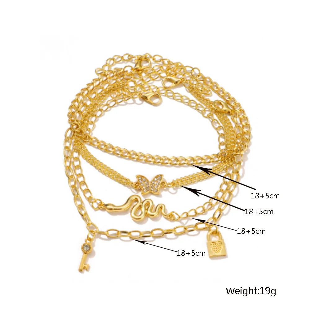 Bold Bohemia Gold Color Snake Ankle Bracelet Set with a Butterfly Key Lock Charm Anklet Chain