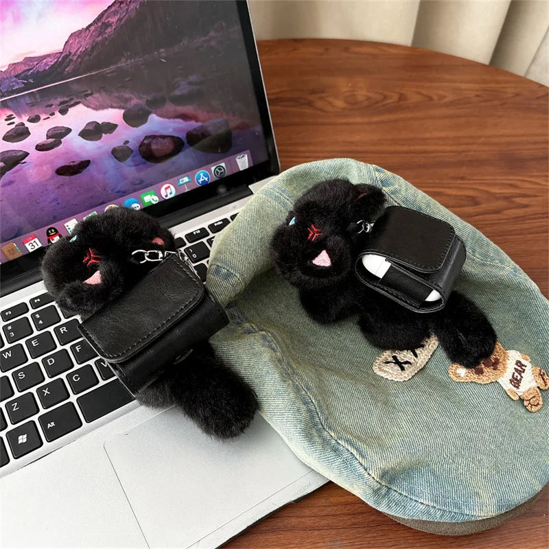 Black Cat Backpack Plush Case for AirPods