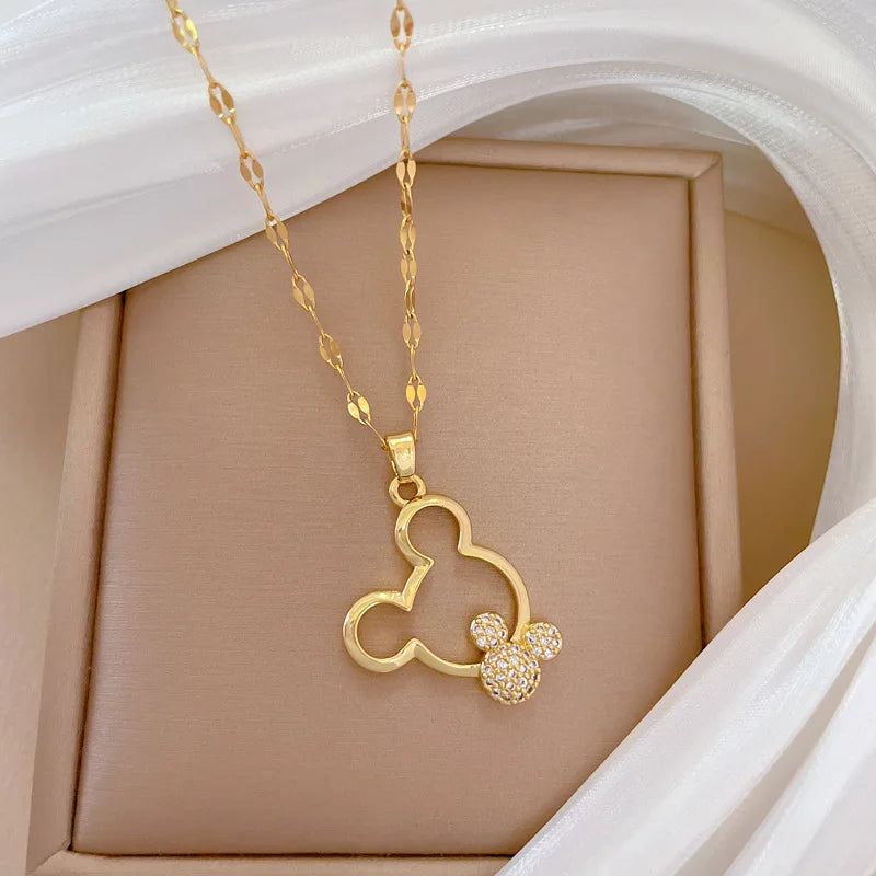 Mickey Mouse Stainless Steel Chain Zircon Pendant Necklace