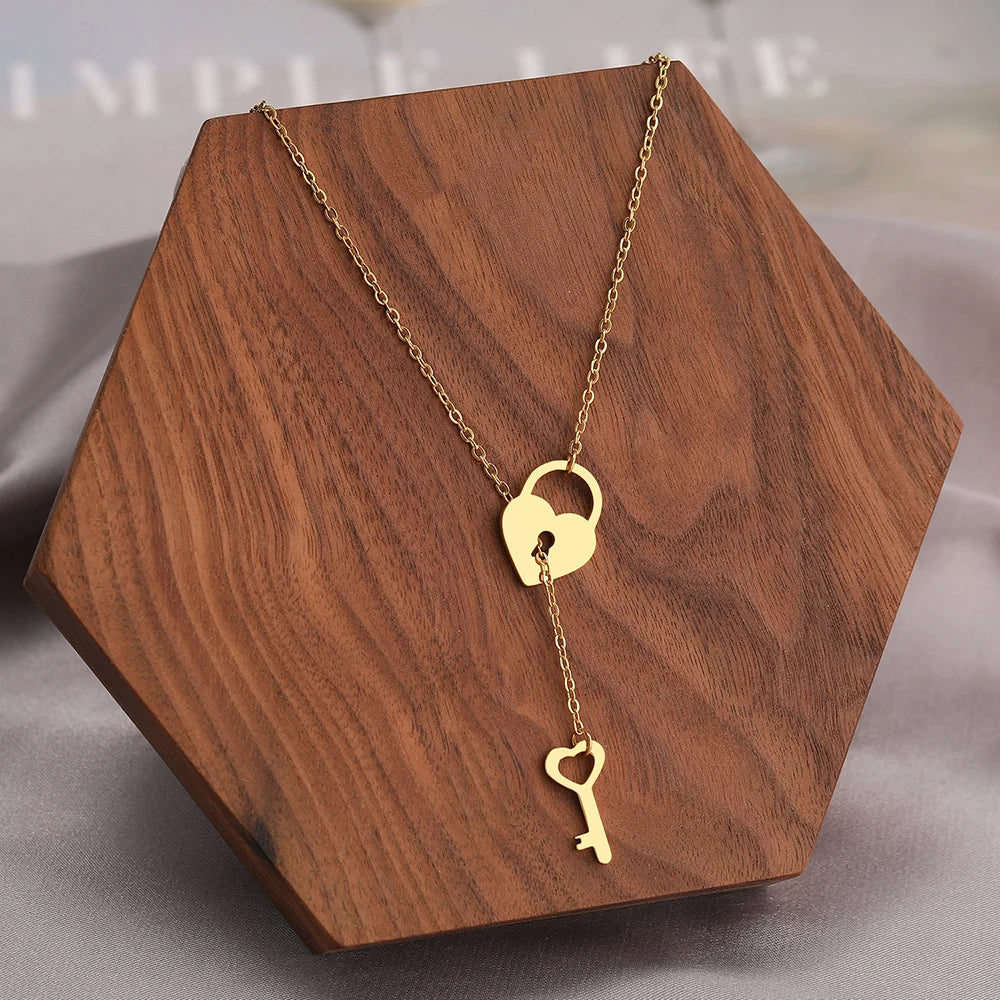 Stainless Steel Necklaces Heart Lock Key Pendants