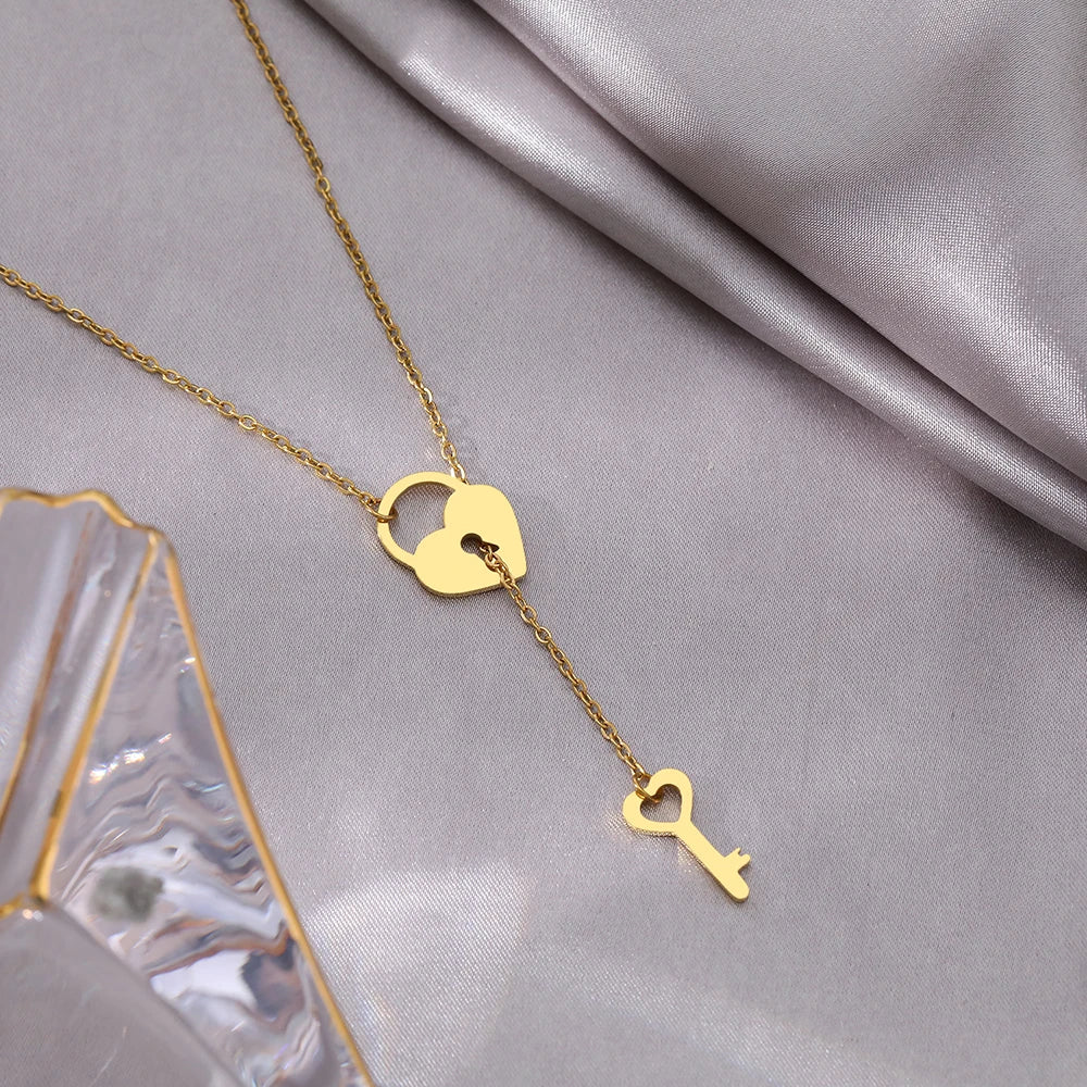 Stainless Steel Necklaces Heart Lock Key Pendants