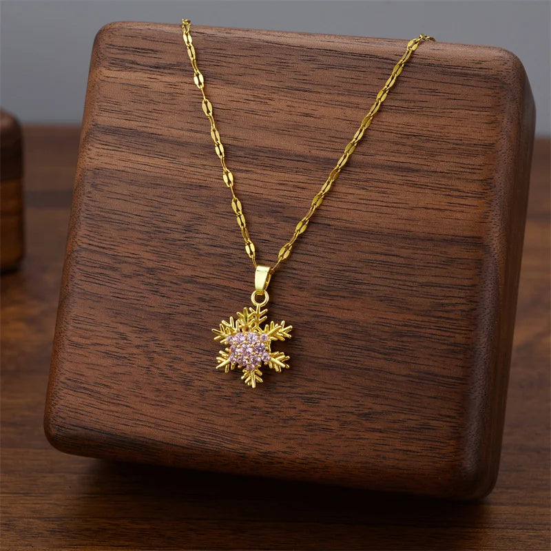 Unique Titanium Steel Necklace with Rotating Snowflake Pendant Collarbone Chain with Sparkling Zircon Stone