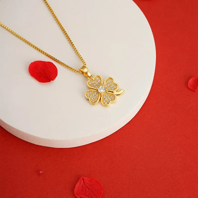 14k Gold Color Clover Pendant Box Necklace Chain