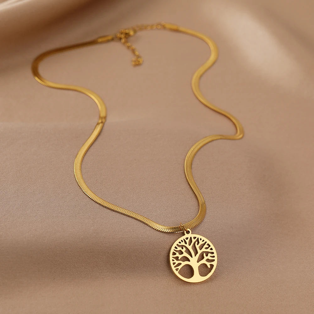 Unique Tree of Life Pendant with a Snake Herringbone Blade Chain