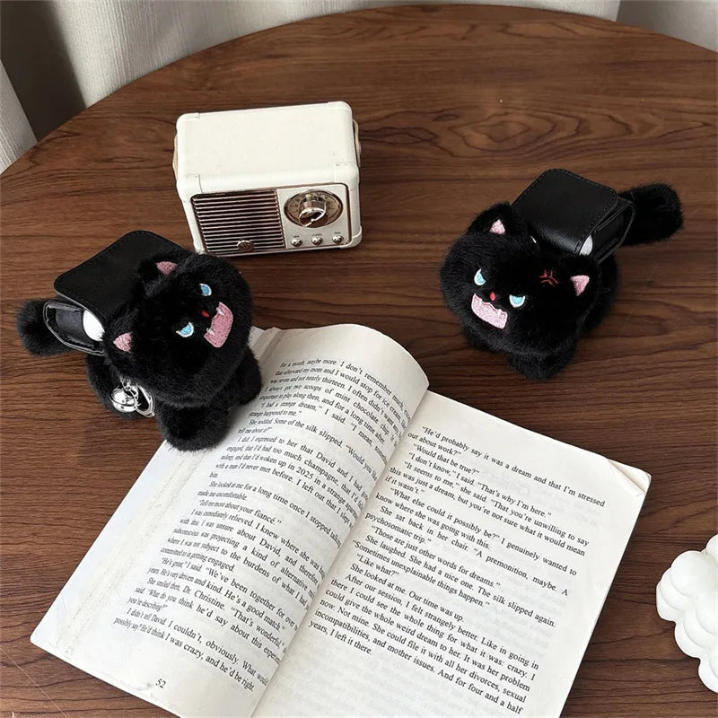 Black Cat Backpack Plush Case for AirPods