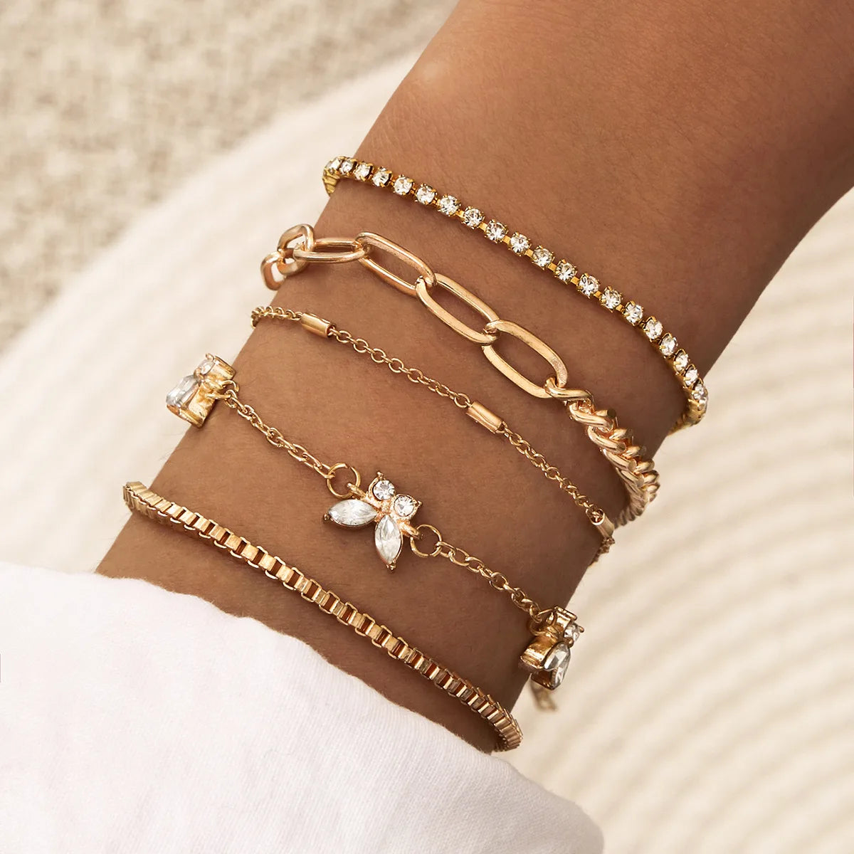 Geometric Link Chain Bracelet Set For Women Rhinestones Gold Color Leaves Heart Pendant Open Cuff Bangle Jewelry