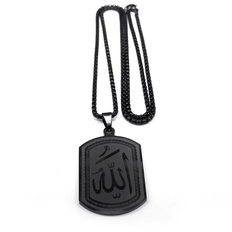 Stainless Steel Islamic Arab Allah Blessing God Pendant Necklace for Men/Women Black Color Islam Chain Necklace