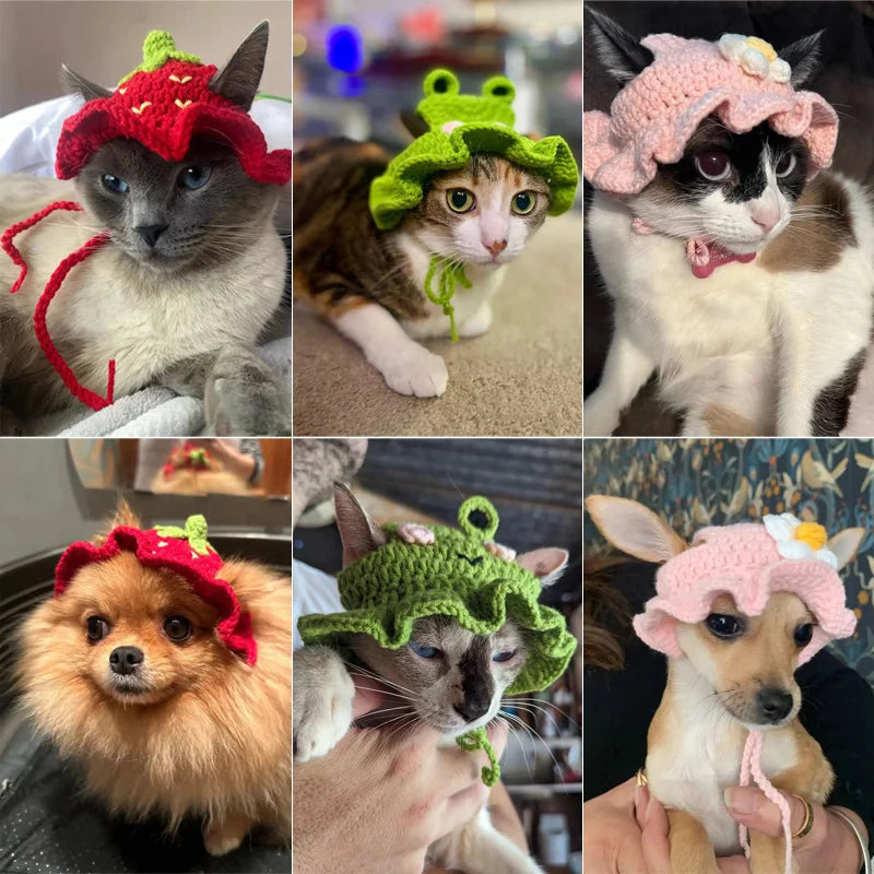 Hand-made woven elastic pet hats.