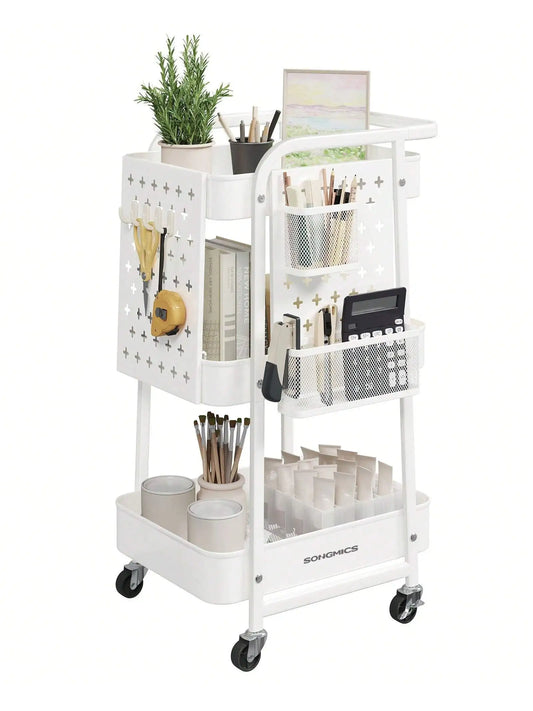 3-Tier Storage Cart, Rolling Utility Cart, Metal Mesh Shelves, 2 Removable Pegboards, 2 Hanging Holders, 4 Hooks