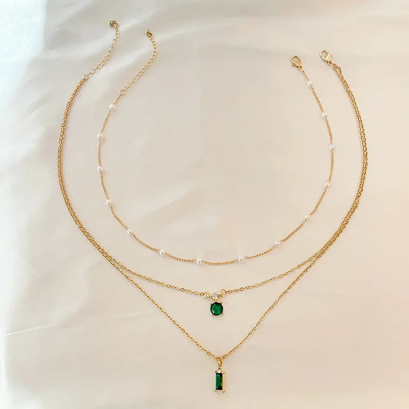 Simple Stacked Retro Imitation Emerald Green Pearl Multi-Layer Necklace