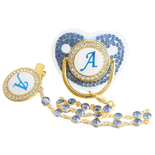 Letters Pacifier Blue Baby Pacifier with Bead Chain Gem Clip /Teether Toy