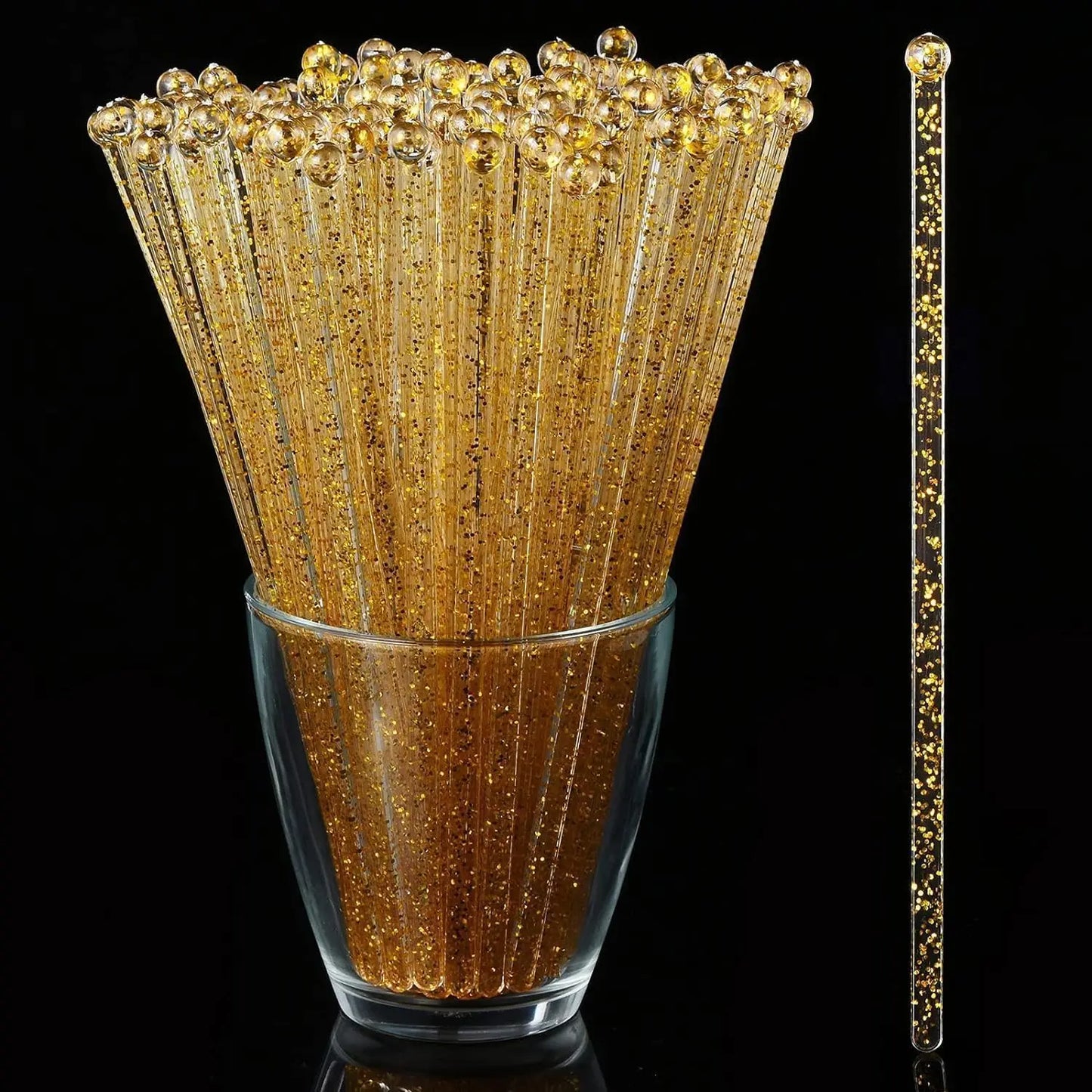 50 Counts Gold Glitter Plastic Swizzle Sticks, Crystal Cake Pops, Cocktail Coffee Drink Stirrers, 7.24 Inch