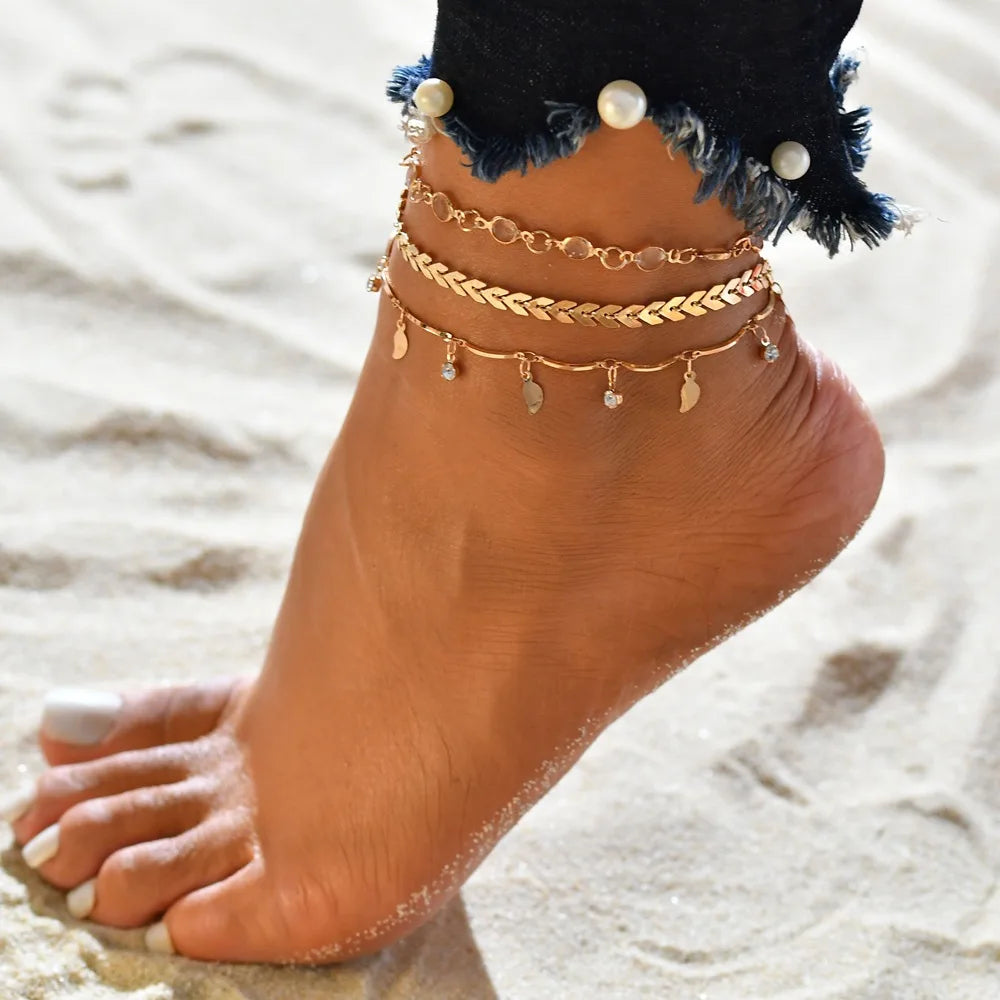 Bold Bohemia Gold Color Snake Ankle Bracelet Set with a Butterfly Key Lock Charm Anklet Chain