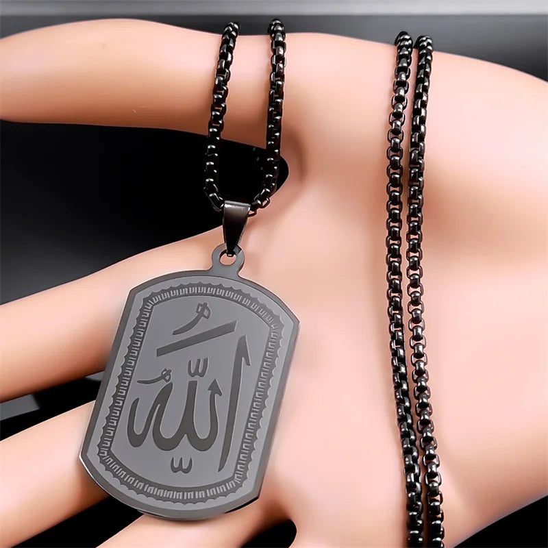 Stainless Steel Islamic Arab Allah Blessing God Pendant Necklace for Men/Women Black Color Islam Chain Necklace