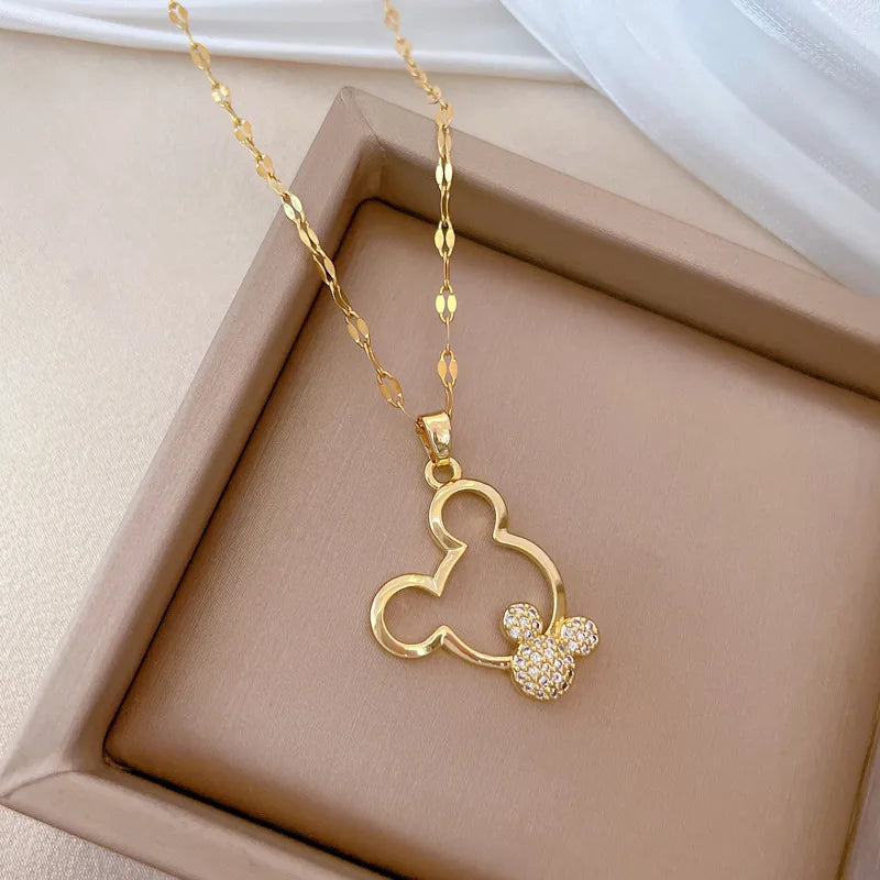 Mickey Mouse Stainless Steel Chain Zircon Pendant Necklace