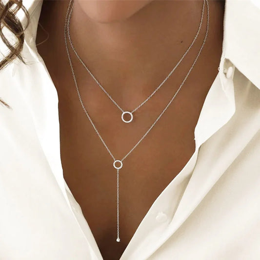 Sterling Silver Double-Deck Circle Zircon Pendant Long O-Chain Choker Necklace