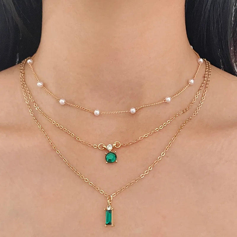 Simple Stacked Retro Imitation Emerald Green Pearl Multi-Layer Necklace