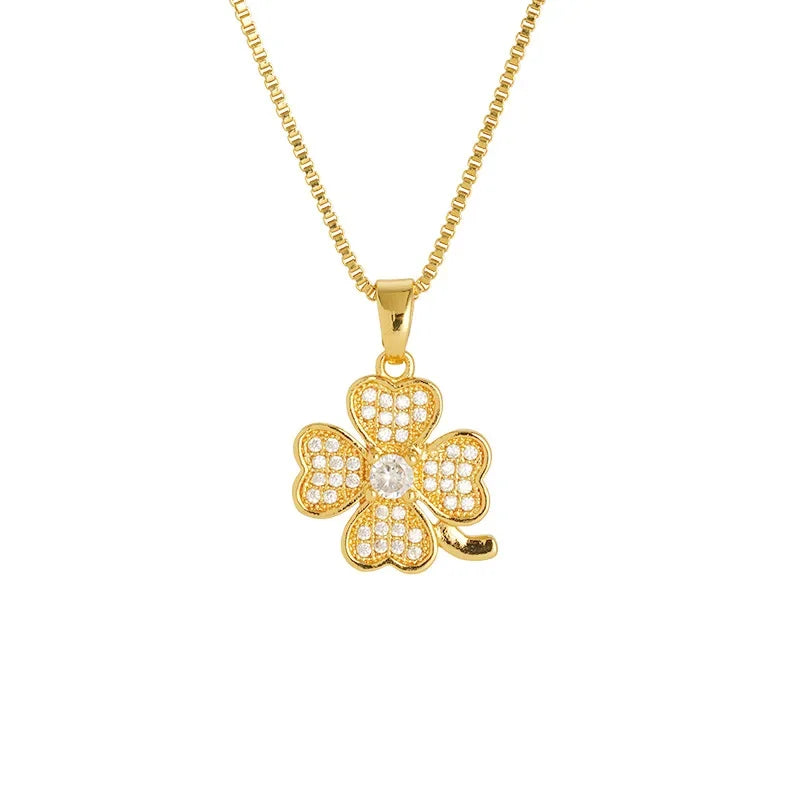 14k Gold Color Clover Pendant Box Necklace Chain