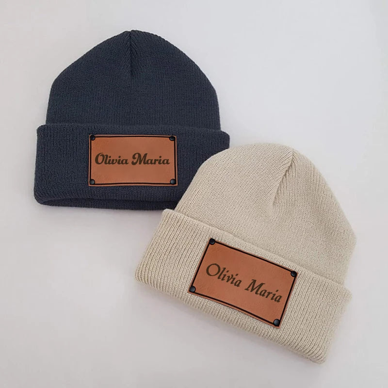 Customized Name Baby Beanie Hat Personalized Leather Beanie