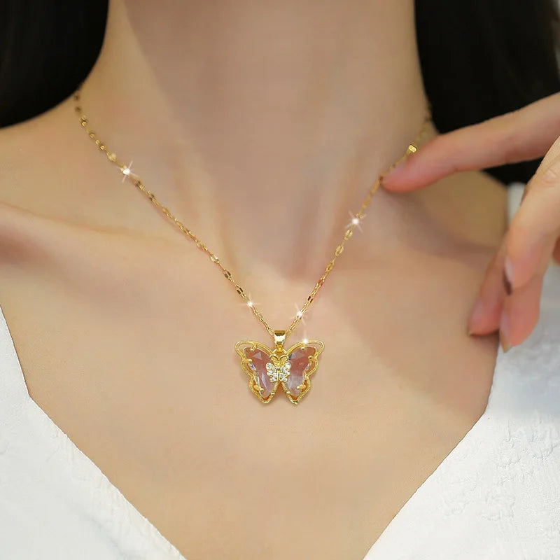 Gorgeous and Stylish Hollow Butterfly Necklace with Crystal Drop