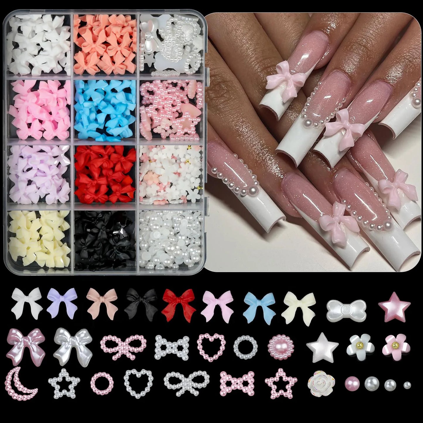 12Grids/box Mixed Resin Bowknot Nail Art Decorations/ 3D Acrylic Charms DIY Manicure