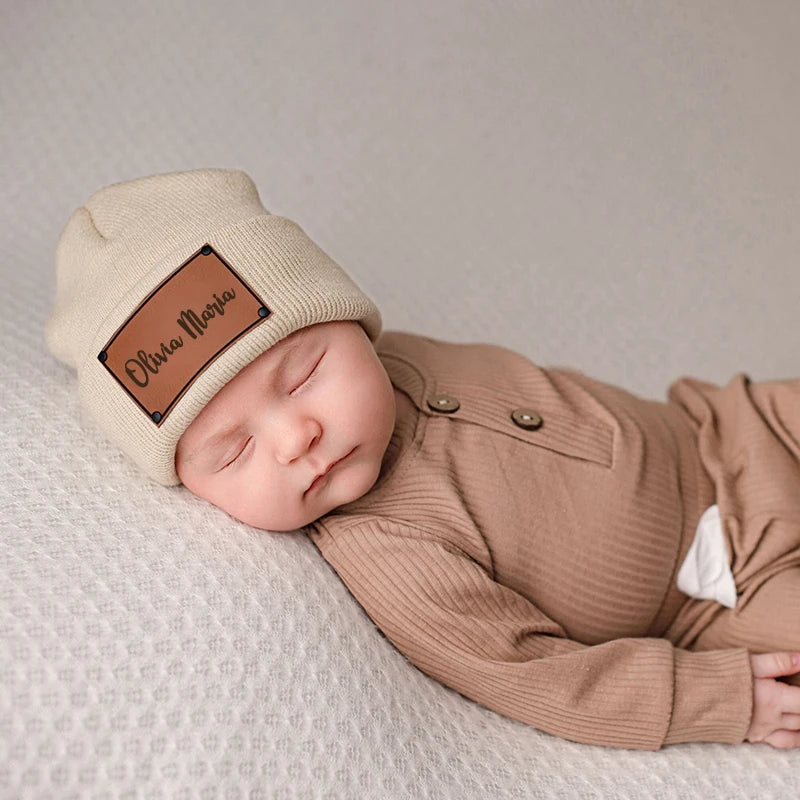 Customized Name Baby Beanie Hat Personalized Leather Beanie