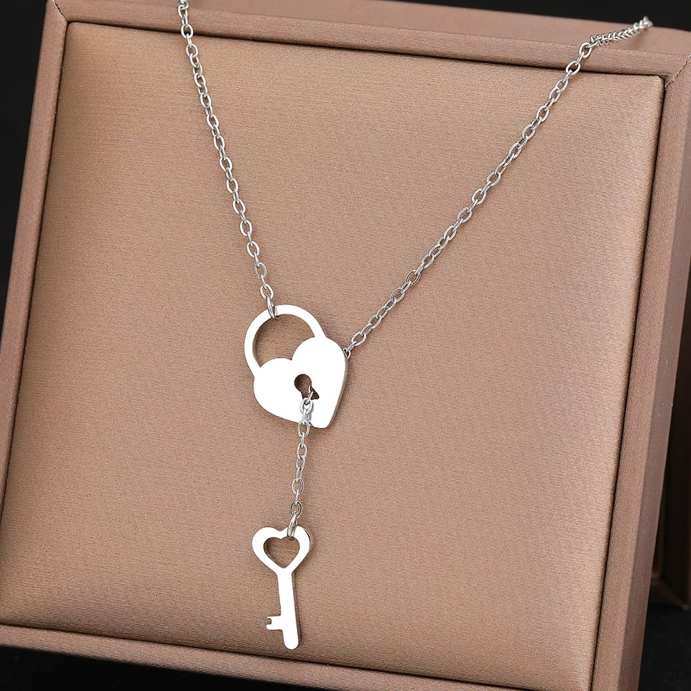 Stainless Steel Necklaces Heart Lock Key Pendants