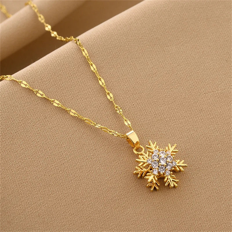 Unique Titanium Steel Necklace with Rotating Snowflake Pendant Collarbone Chain with Sparkling Zircon Stone