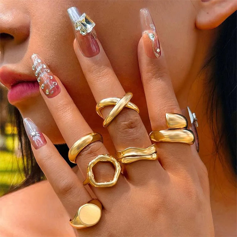 6Pcs/Set Gold Color Geometric Open Rings