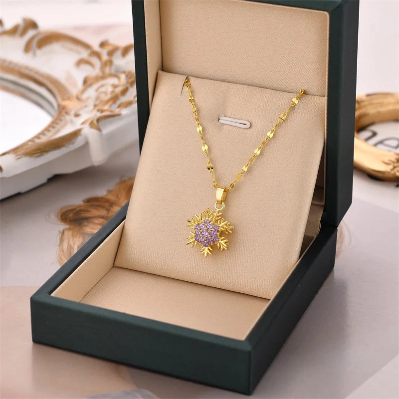 Unique Titanium Steel Necklace with Rotating Snowflake Pendant Collarbone Chain with Sparkling Zircon Stone