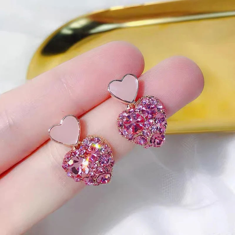 Cute Sweet Love Heart Drop Pink Crystal Rhinestones Earrings