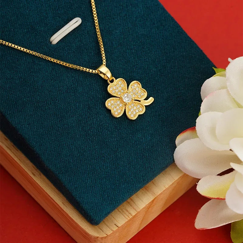 14k Gold Color Clover Pendant Box Necklace Chain