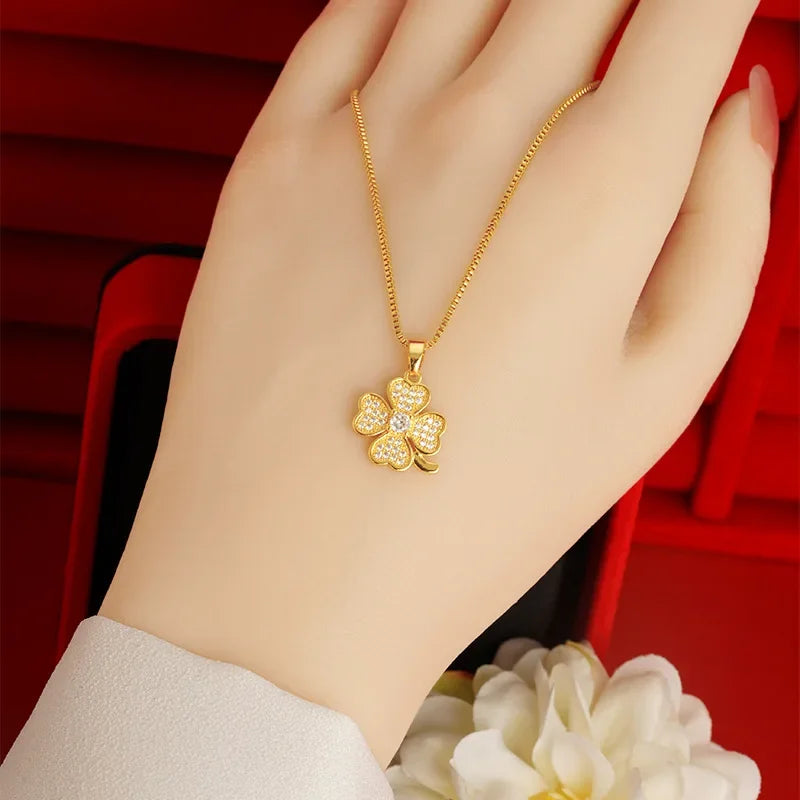 14k Gold Color Clover Pendant Box Necklace Chain