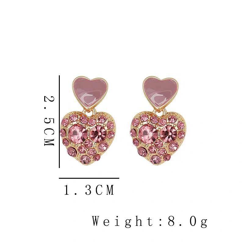 Cute Sweet Love Heart Drop Pink Crystal Rhinestones Earrings