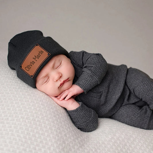 Customized Name Baby Beanie Hat Personalized Leather Beanie