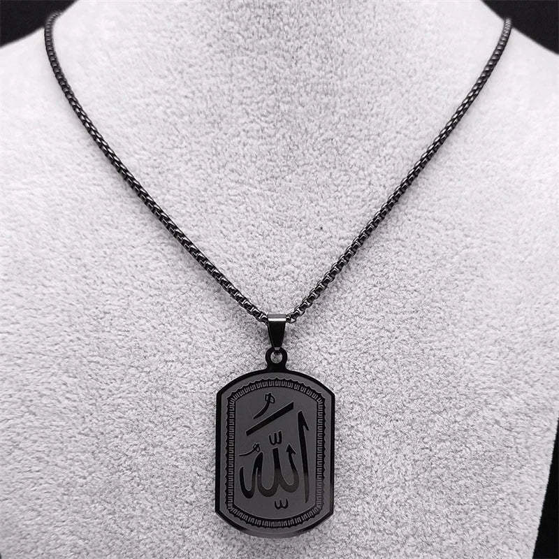 Stainless Steel Islamic Arab Allah Blessing God Pendant Necklace for Men/Women Black Color Islam Chain Necklace