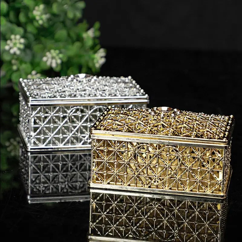 2 PCs Mini Treasure Storage Jewelry Box Silver-color Hollow Flower Pattern