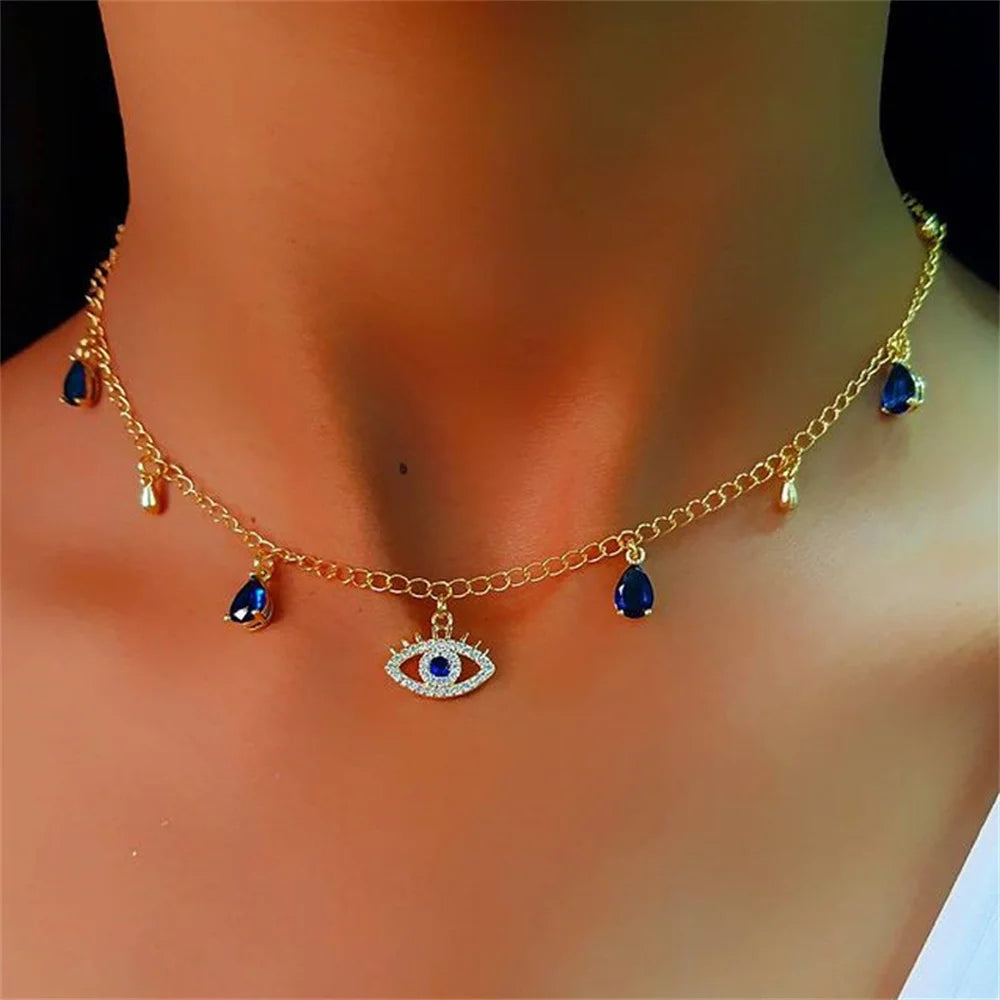 Crystal Blue Turkish Evil Eyes Necklace