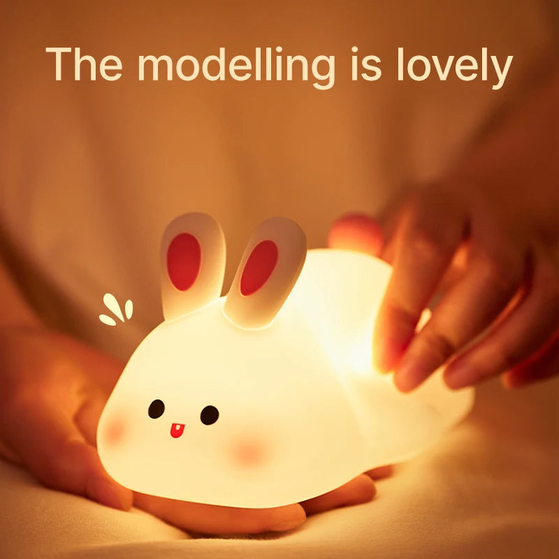 Cute Rabbit Rechargeable Silicone Night Lamp Touch Sensor Big Face Rabbit Light Timing USB Light for Kids Gift Party Decor