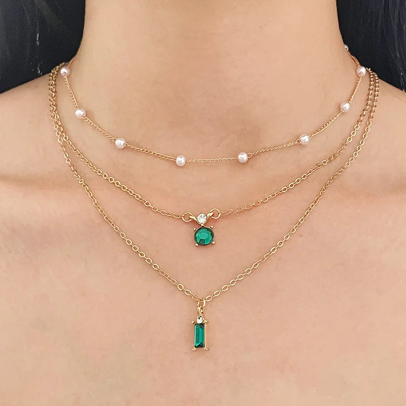 Simple Stacked Retro Imitation Emerald Green Pearl Multi-Layer Necklace