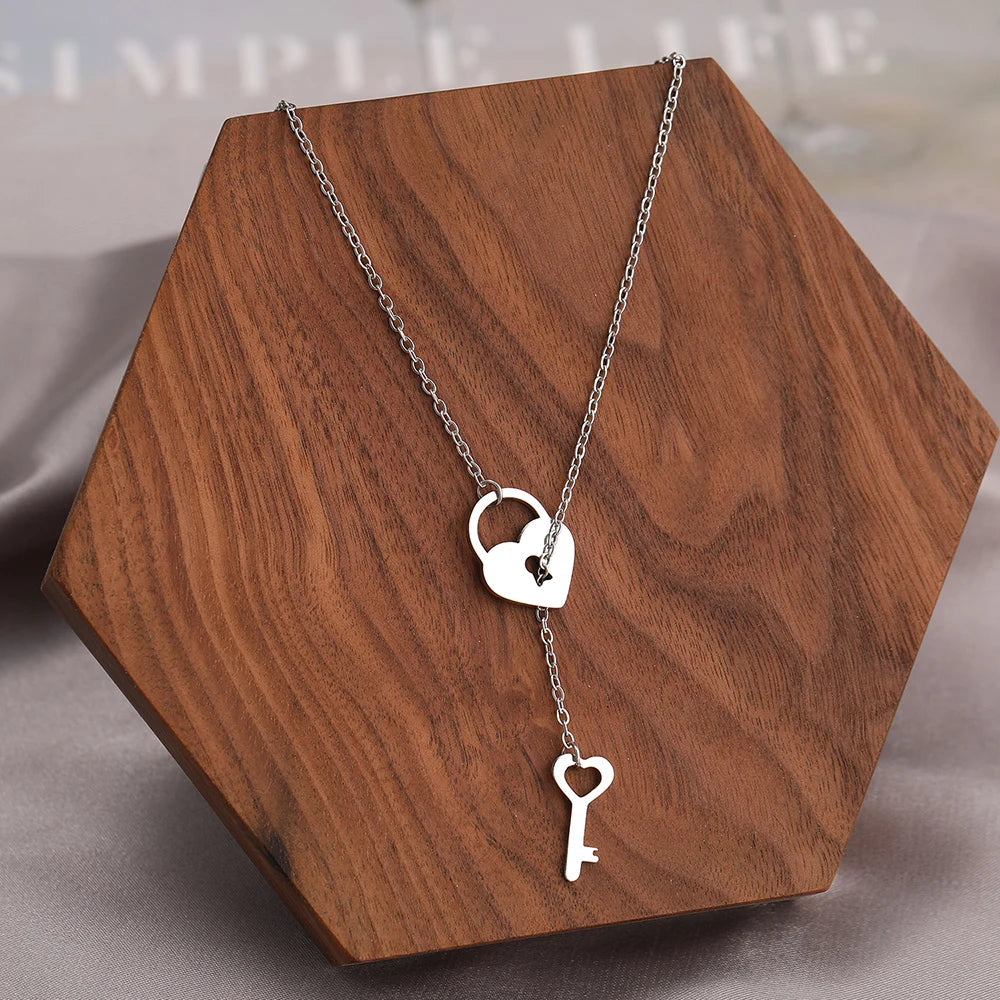 Stainless Steel Necklaces Heart Lock Key Pendants